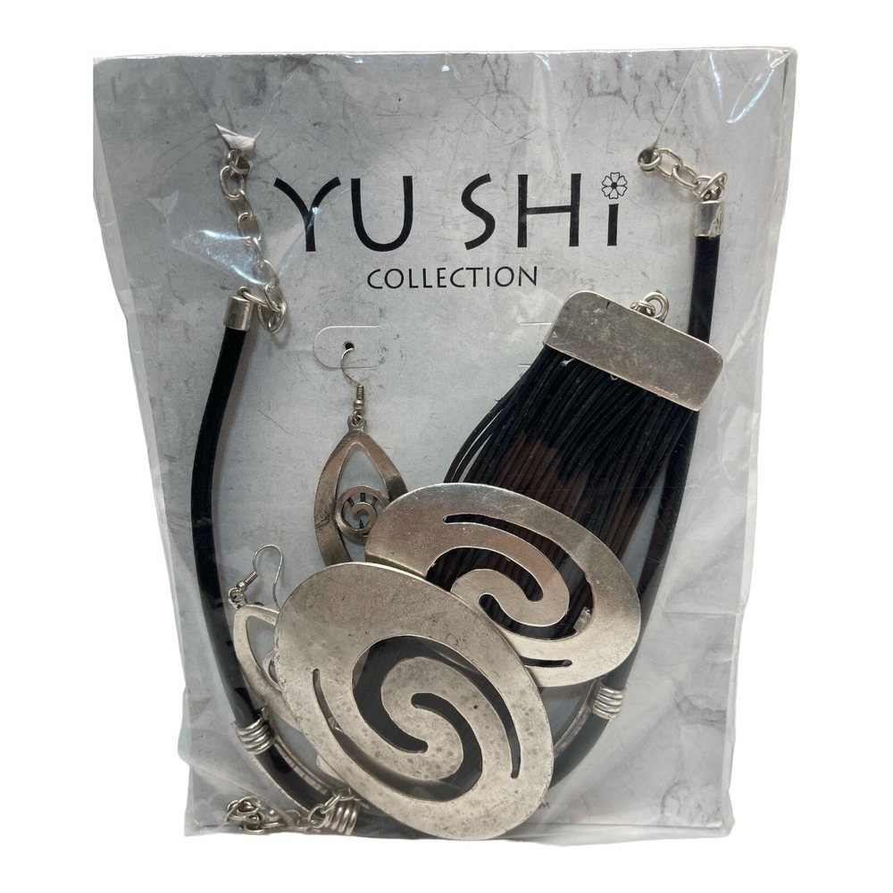 Yu Shi Silver Black Earrings‎ Bracelet & Necklace 3PK Women's